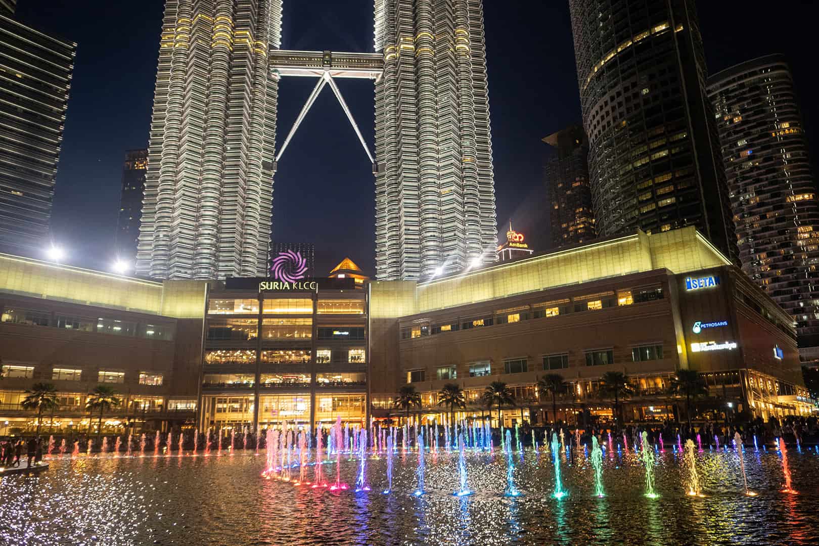 View of the Petronas Towers at the Lake Symphony Water Show, Suria KLCC in Kuala Lumpur
